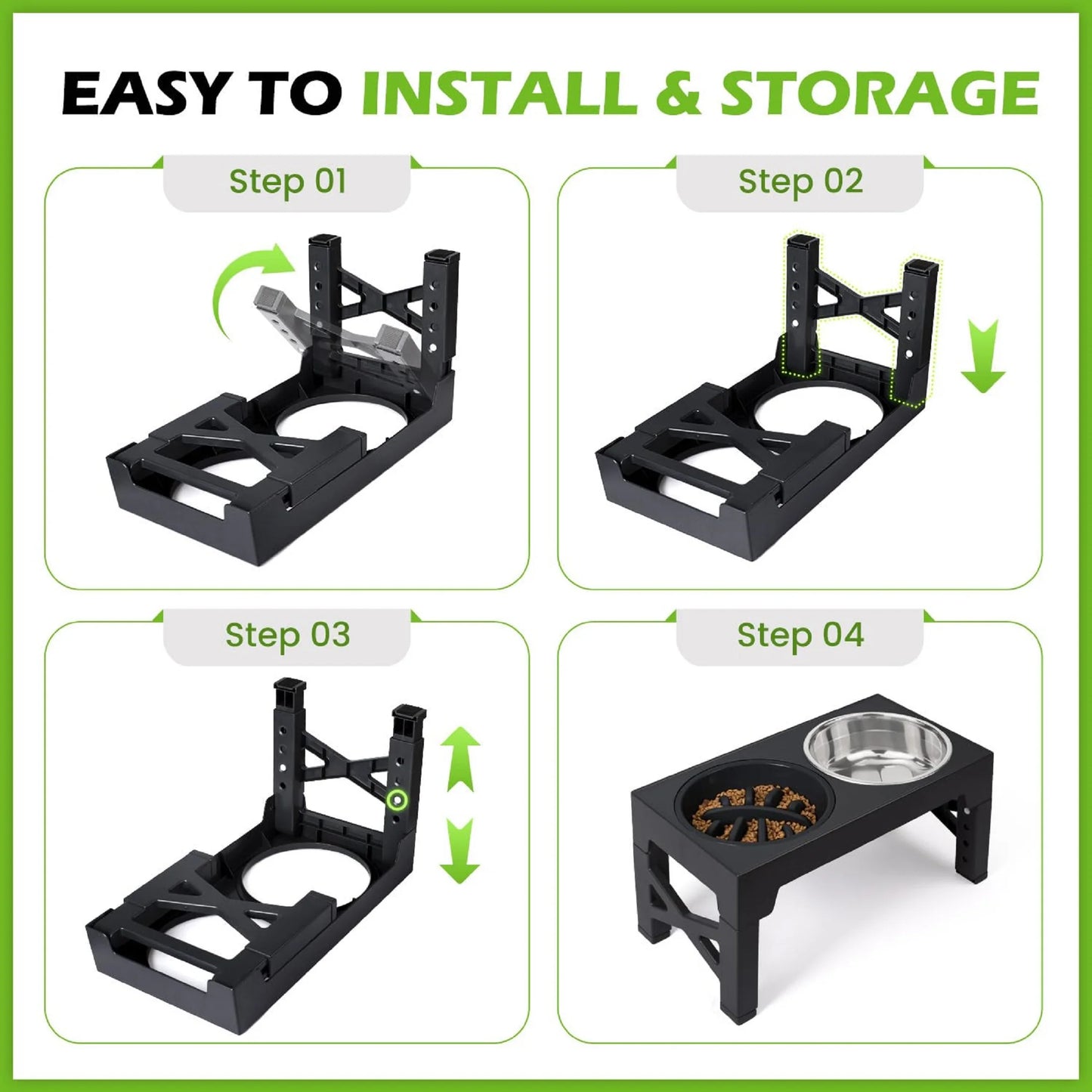 Elevated Dog Bowls - 5 Adjustable Heights Stand, 2 Stainless Steel Bowls & 1 Slow Feeder, 3.2" to 12.2" for Small to Large Dogs, Black