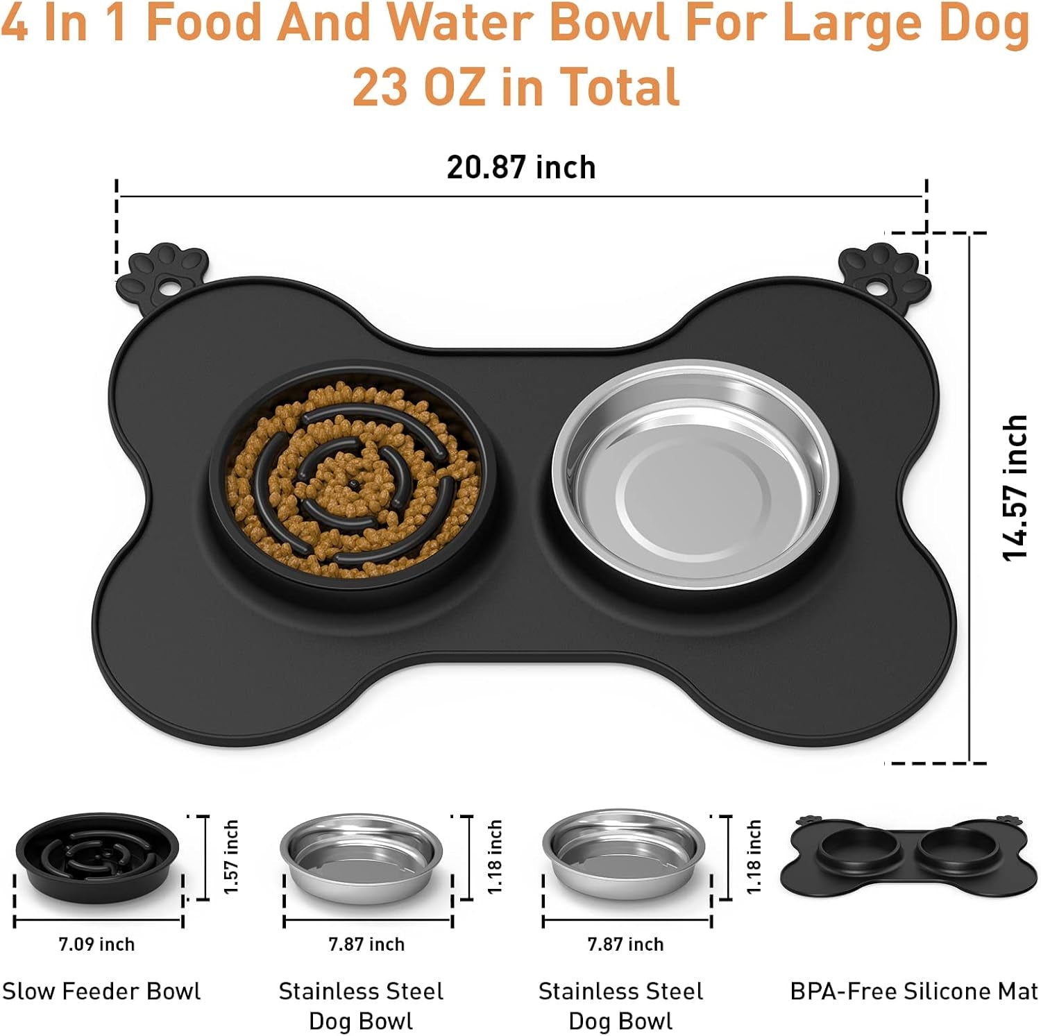 Dog Bowls, Slow Feeder Dog Bowls Food and Water Bowls with Non-Spill and Non-Skid Silicone Mat Removable Stainless Steel Double Pet Bowls for Medium Large Dogs, Pets - Black (680Ml, 23Oz)