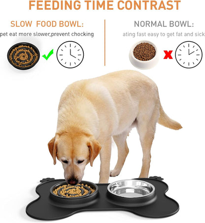 Dog Bowls, Slow Feeder Dog Bowls Food and Water Bowls with Non-Spill and Non-Skid Silicone Mat Removable Stainless Steel Double Pet Bowls for Medium Large Dogs, Pets - Black (680Ml, 23Oz)