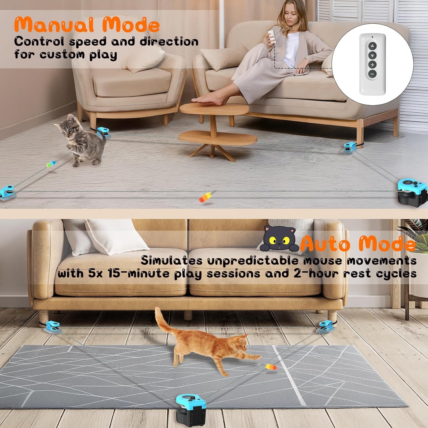 Upgrade Interactive Cat Toys - Automatic Cat Toys for Bored Indoor Adult with Remote Control, 3 Speeds, Indoor Cat Chase Hunting Feather Toys for Fitness, Playtime & Energy Release (Sky Blue)