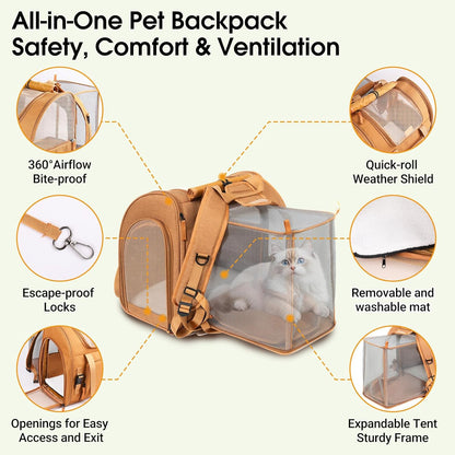 Expandable Carrier Backpack for Big Cats Small Dogs, Airline Approved Pet Carrier Backpack,Foldable Breathable Travel Backpack, Portable Pet Carrier Backpack with Safety Leash, Hiking & Travel