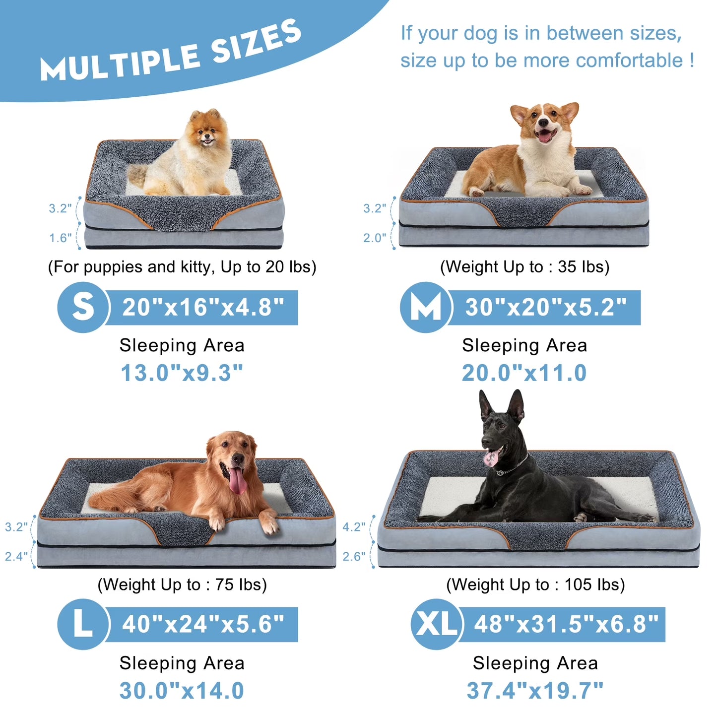 Dog Beds for Large Medium Small Dogs Orthopedic Pet Bed Sofa Supportive Egg Crate Foam Animal Couch with Removable Washable Cover Non Skid Bottom S to XL
