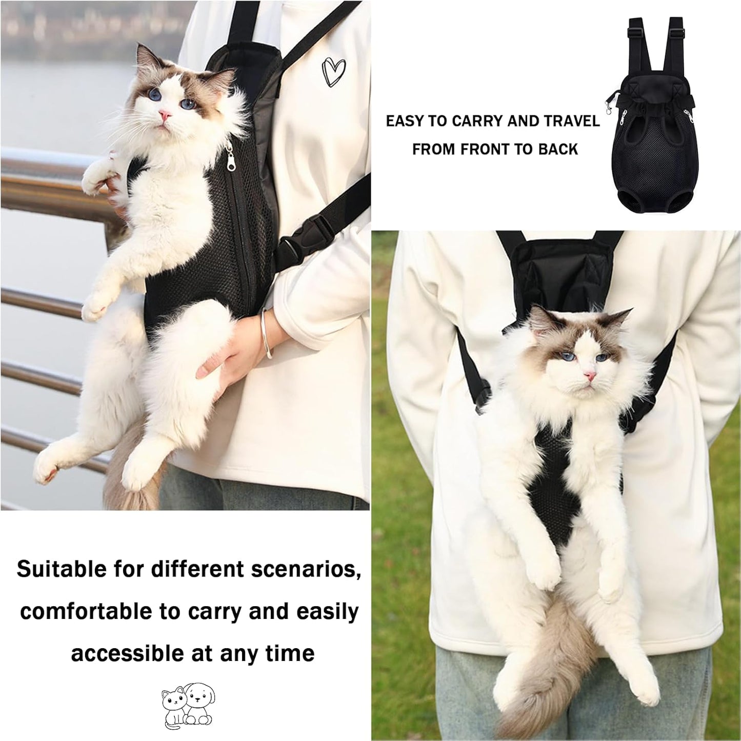 Pet Carrier Backpack, Adjustable Pet Front Carriers for Small Medium Dogs Cats 5-18 Lbs, Legs Out, Dog Cat Carrier Backpack for Hiking,Camping,Traveling,Cycling (Black, Medium（Fit:5-10Lb）)