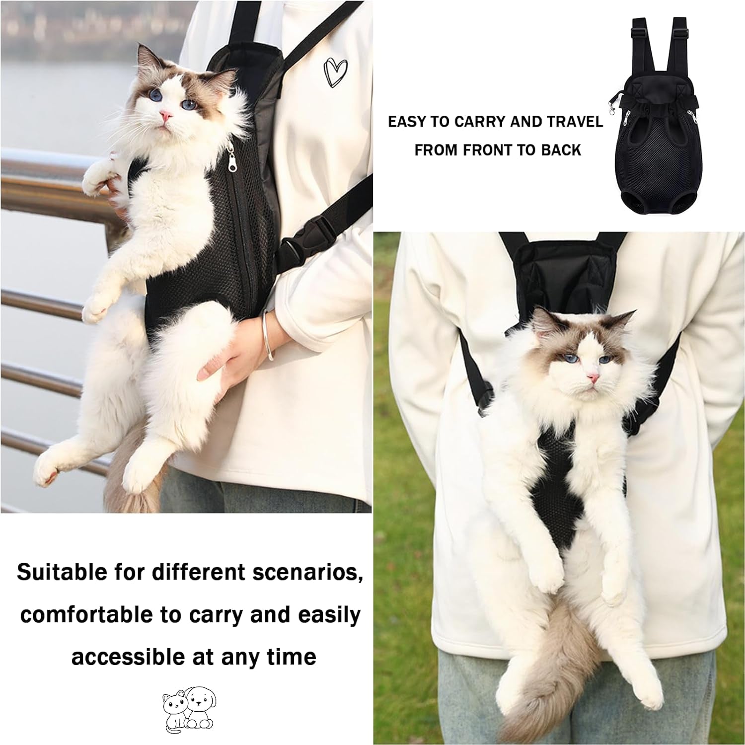 Pet Carrier Backpack, Adjustable Pet Front Carriers for Small Medium Dogs Cats 5-18 Lbs, Legs Out, Dog Cat Carrier Backpack for Hiking,Camping,Traveling,Cycling (Black, Medium（Fit:5-10Lb）)