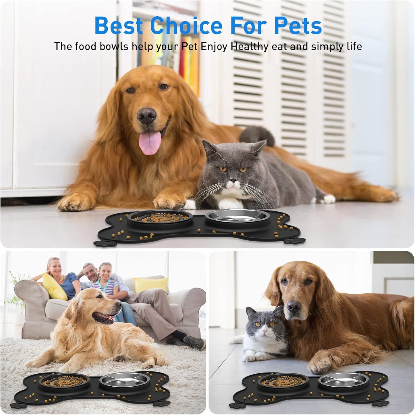 Dog Bowls, Slow Feeder Dog Bowls Food and Water Bowls with Non-Spill and Non-Skid Silicone Mat Removable Stainless Steel Double Pet Bowls for Medium Large Dogs, Pets - Black (680Ml, 23Oz)