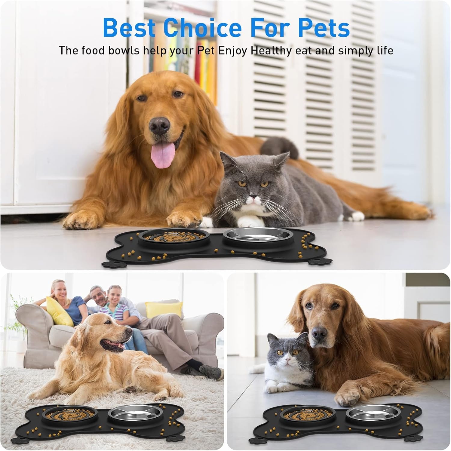Dog Bowls, Slow Feeder Dog Bowls Food and Water Bowls with Non-Spill and Non-Skid Silicone Mat Removable Stainless Steel Double Pet Bowls for Medium Large Dogs, Pets - Black (680Ml, 23Oz)