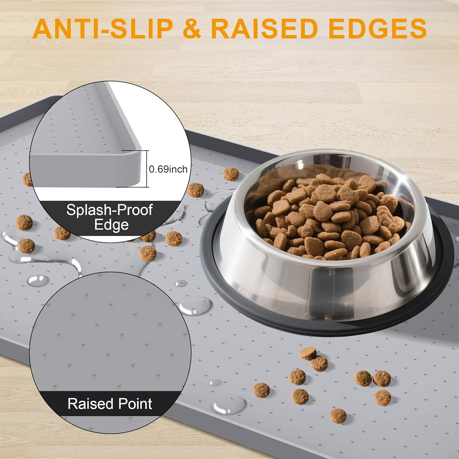 Pet Food Mat Waterproof Dog Mat 24”X16” Large – 0.5” Inch Raised Edge,Pet Silicone Feeding Placemat Water Bowl Tray for Floors, Nonslip Washable Dog Mat for Food and Water