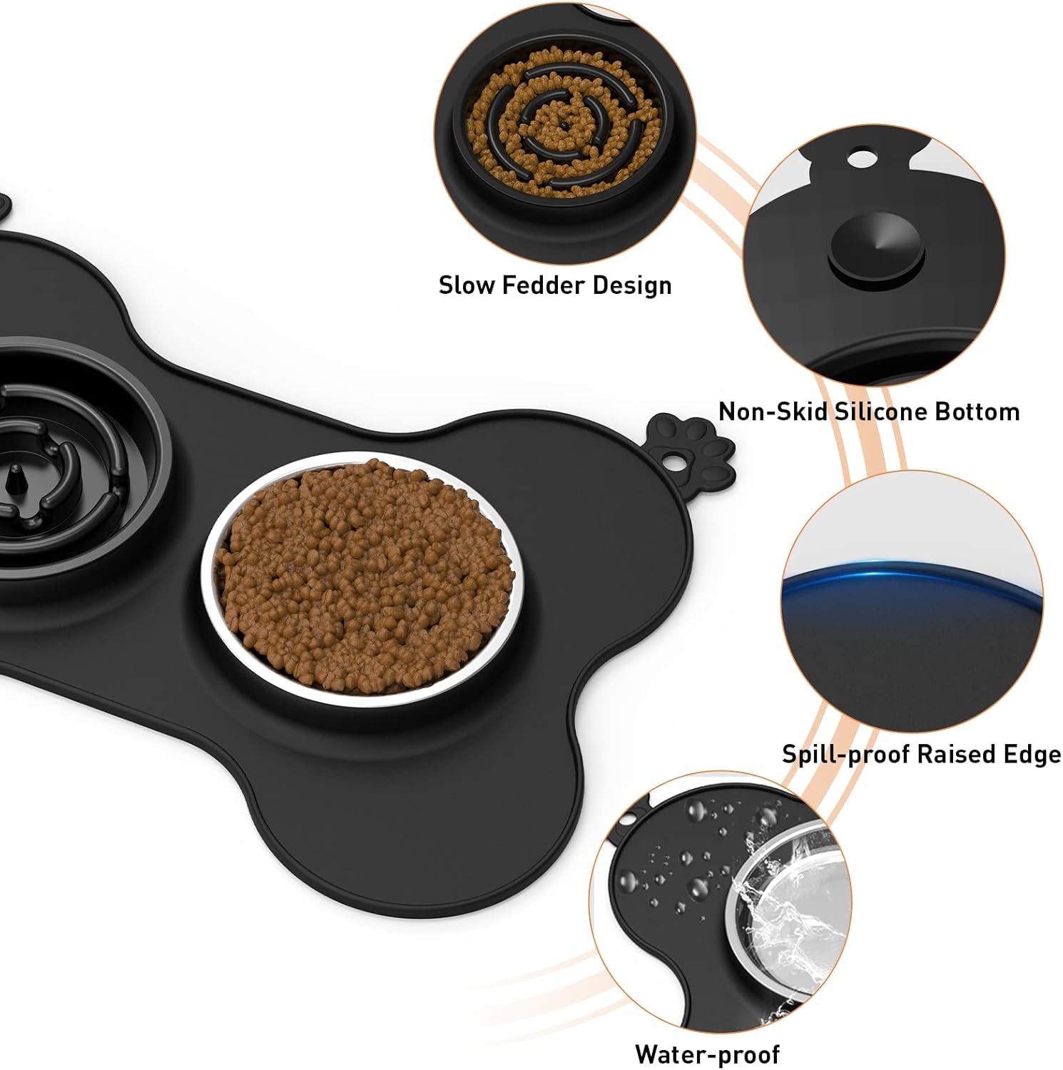 Dog Bowls, Slow Feeder Dog Bowls Food and Water Bowls with Non-Spill and Non-Skid Silicone Mat Removable Stainless Steel Double Pet Bowls for Medium Large Dogs, Pets - Black (680Ml, 23Oz)