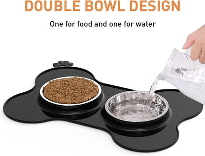 Dog Bowls, Slow Feeder Dog Bowls Food and Water Bowls with Non-Spill and Non-Skid Silicone Mat Removable Stainless Steel Double Pet Bowls for Medium Large Dogs, Pets - Black (680Ml, 23Oz)
