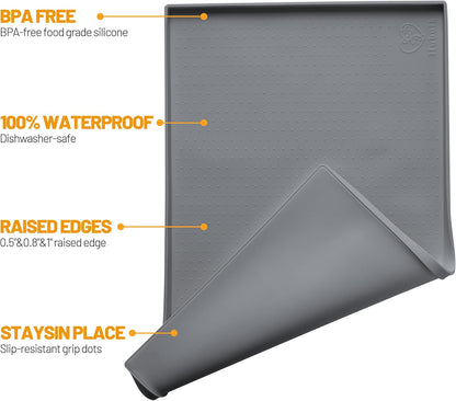 Dog Feeding Mat,100% Waterproof BPA Free Silicone Pet Food and Water Bowl Placemat,Dishwasher, High Raised Edge to Prevent Spills,Nonslip Tray to Stop Messes on Floor (19"X12"X0.5", Grey)