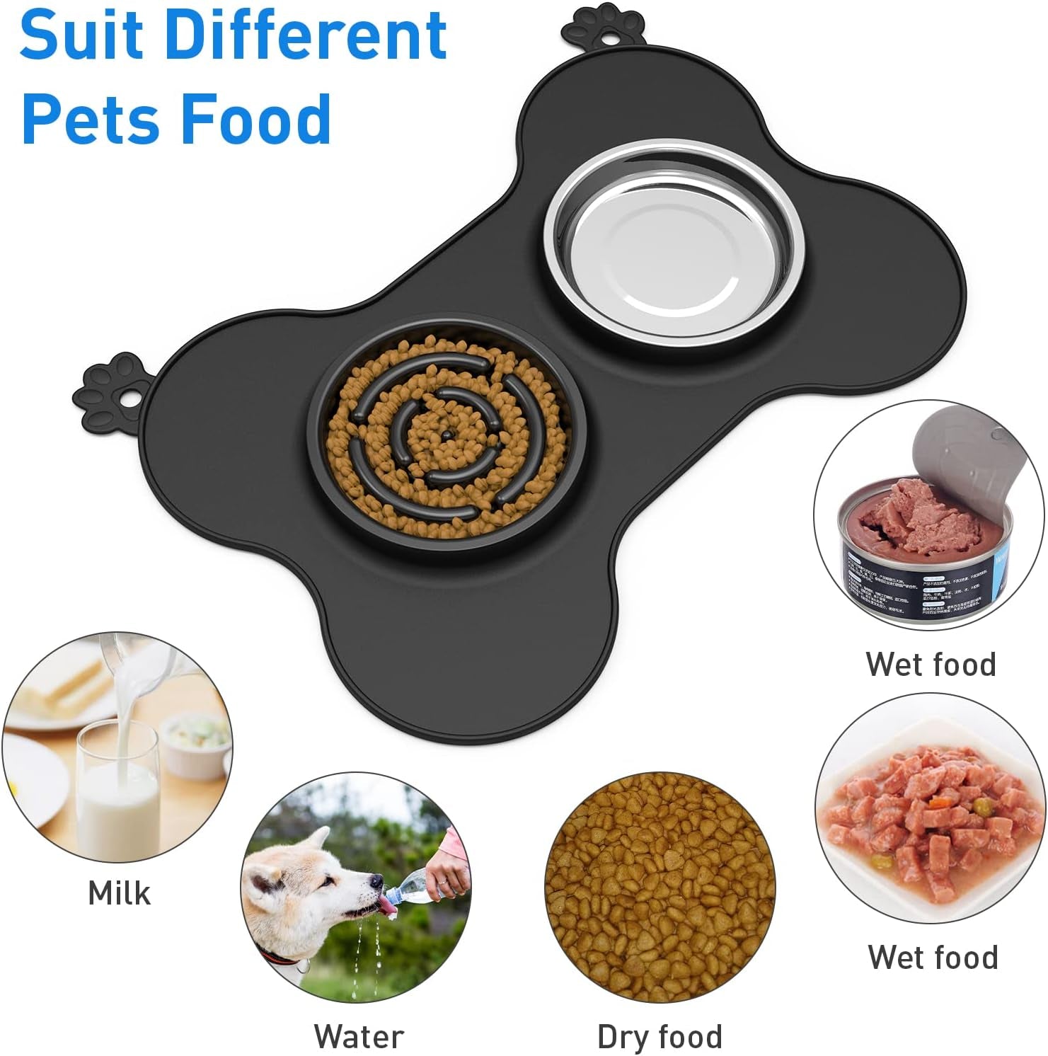 Dog Bowls, Slow Feeder Dog Bowls Food and Water Bowls with Non-Spill and Non-Skid Silicone Mat Removable Stainless Steel Double Pet Bowls for Medium Large Dogs, Pets - Black (680Ml, 23Oz)