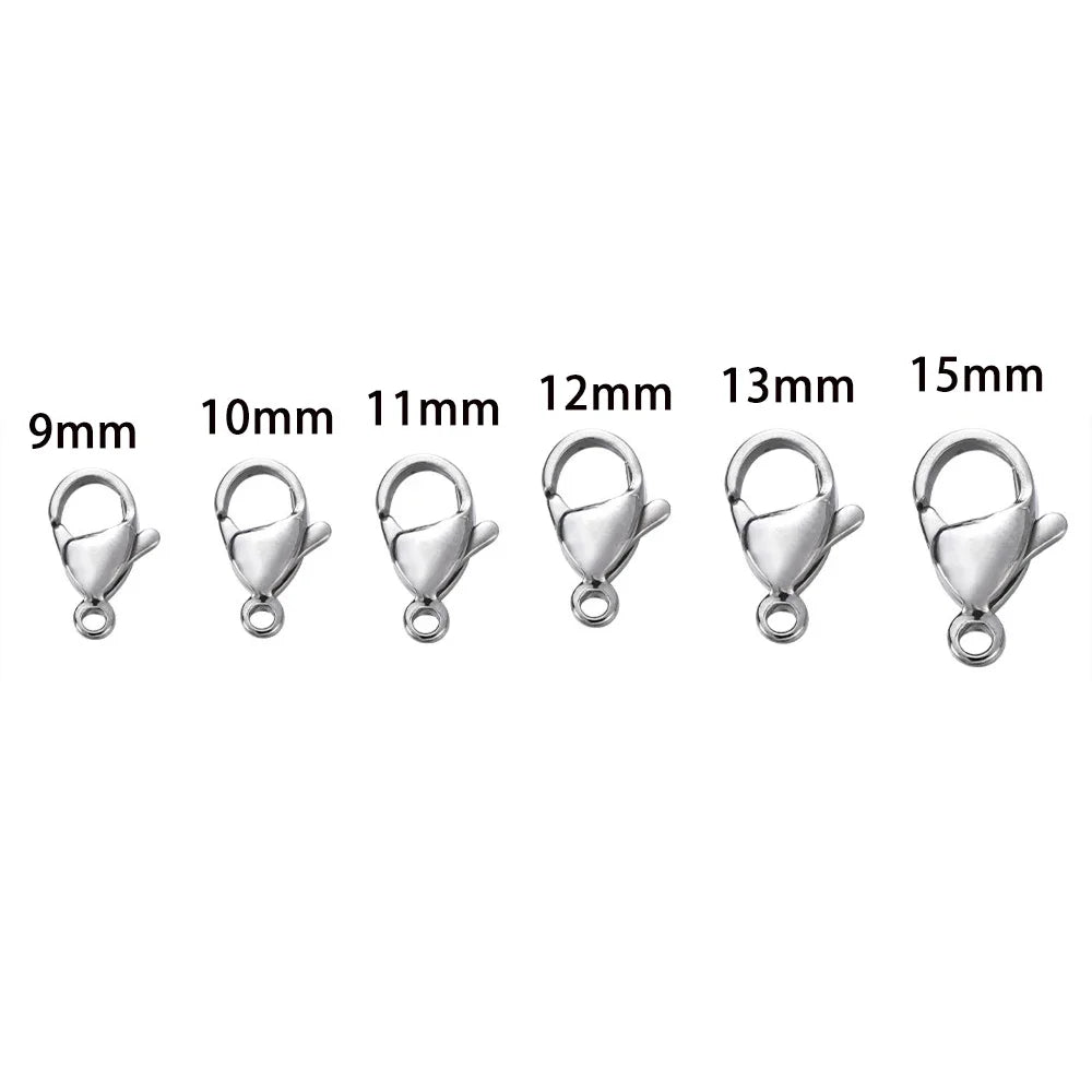 100pcs 9 10 11 12 13 15mm Stainless Steel Lobster Clasp Hook for DIY Necklace Bracelet Chain Jewelry Making Findings Accessories