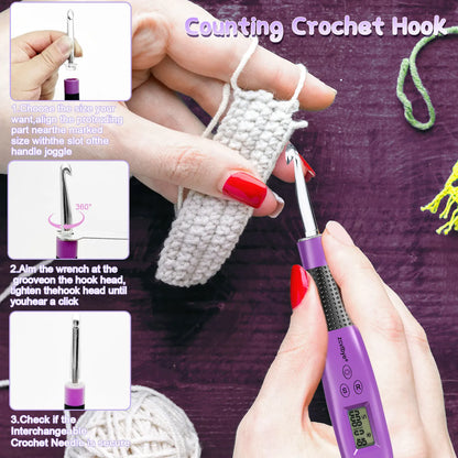 24pcs Crochet Hook Set with Counter LED Light & Stitch Ergonomic knitting needle Sewing Tools Set DIY Weaving Sweater Tool