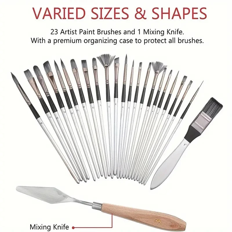 24pcs Mixed Art Brush Combination Set with Palette Knife and Painting Bag for Acrylic, Watercolor, Oil Painting and Fine Art
