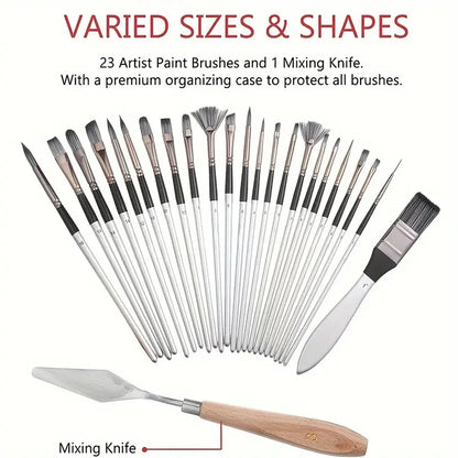24pcs Mixed Art Brush Combination Set with Palette Knife and Painting Bag for Acrylic, Watercolor, Oil Painting and Fine Art