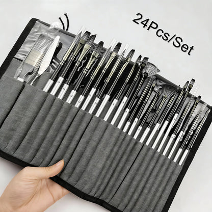 24pcs Mixed Art Brush Combination Set with Palette Knife and Painting Bag for Acrylic, Watercolor, Oil Painting and Fine Art
