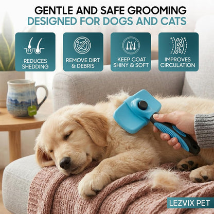 Self Cleaning Slicker Brush for Dogs & Cats – Dog & Cat Grooming Brush for Shedding, Deshedding, Undercoat Care & Loose Fur Removal