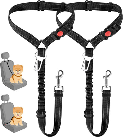 Dog Seat Belt for Car, 2 Pack Dog Car Harness Seatbelt Adjustable with Elastic Bungee Buffer, 2 in 1 Pet Car Leash Headrest Restraint Dog Reflective Safety Tether (S, Black, Headrest+Clip)