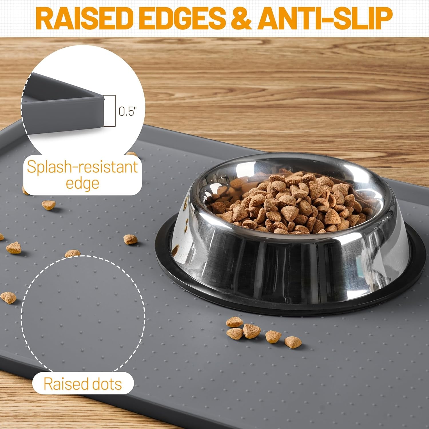 Dog Feeding Mat,100% Waterproof BPA Free Silicone Pet Food and Water Bowl Placemat,Dishwasher, High Raised Edge to Prevent Spills,Nonslip Tray to Stop Messes on Floor (19"X12"X0.5", Grey)