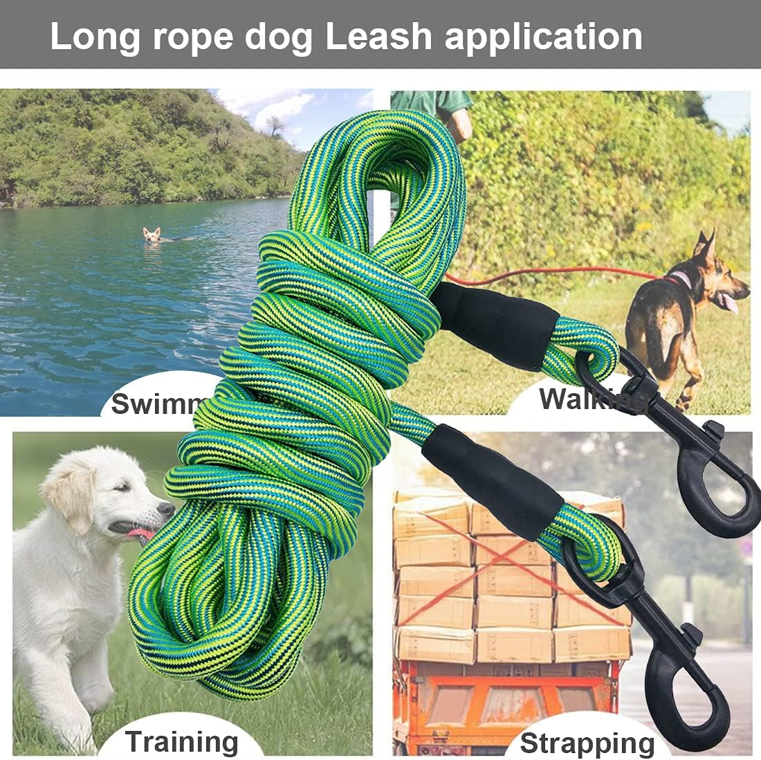 8Ft 12Ft 20Ft 30Ft 50Ft 75Ft Dog Tie Out Long Tether Rope Dog Lead, Outdoor Yard Leash, Large Medium Dogs Training, Playing, Camping, Backyard (Green, 50 Foot)