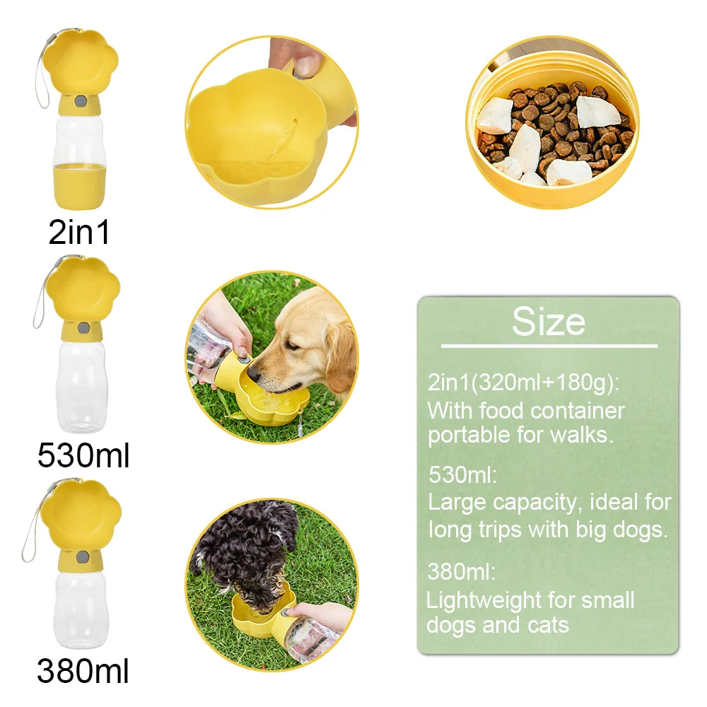 2 in 1 Dog Water Bottle with Food Container 530Ml Outdoor Portable Pet Water Dispenser Feeding Bowl for Small Large Dogs Cats