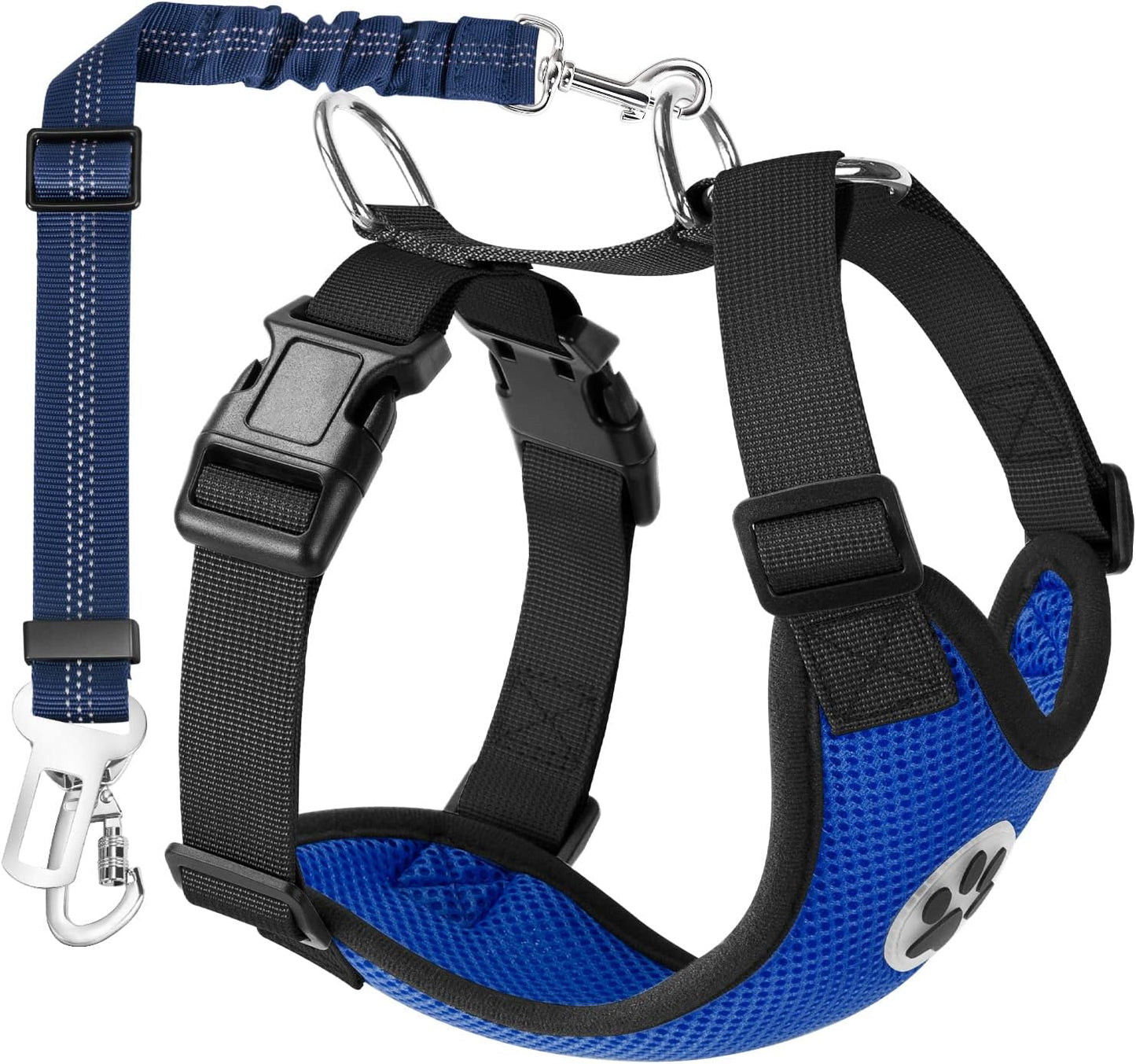 Dog Car Harness Seat Belt, Adjustable Mesh Breathable Vest with Elastic Bungee Tether, Soft Padded 2-In-1 Safety Car Harness Seatbelt for Small Medium Large Dogs (Blue,M)