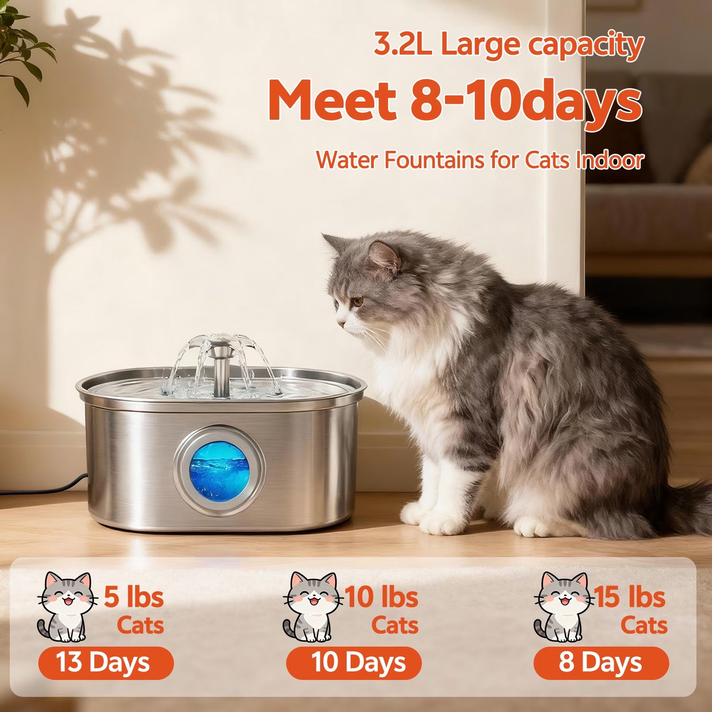 Cat Water Fountain Stainless Steel,  108Oz/3.2L Pet Fountain with Water Level Window,Automatic Water Dispenser for Cats and Dogs, Electric Drinking Bowl Suitable for Multiple Pets, Silver