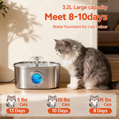 Cat Water Fountain Stainless Steel,  108Oz/3.2L Pet Fountain with Water Level Window,Automatic Water Dispenser for Cats and Dogs, Electric Drinking Bowl Suitable for Multiple Pets, Silver