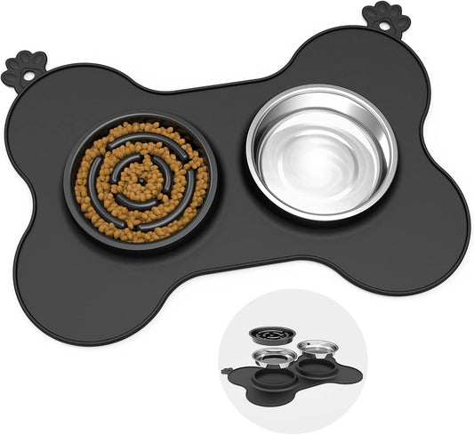 Dog Bowls, Slow Feeder Dog Bowls Food and Water Bowls with Non-Spill and Non-Skid Silicone Mat Removable Stainless Steel Double Pet Bowls for Medium Large Dogs, Pets - Black (680Ml, 23Oz)