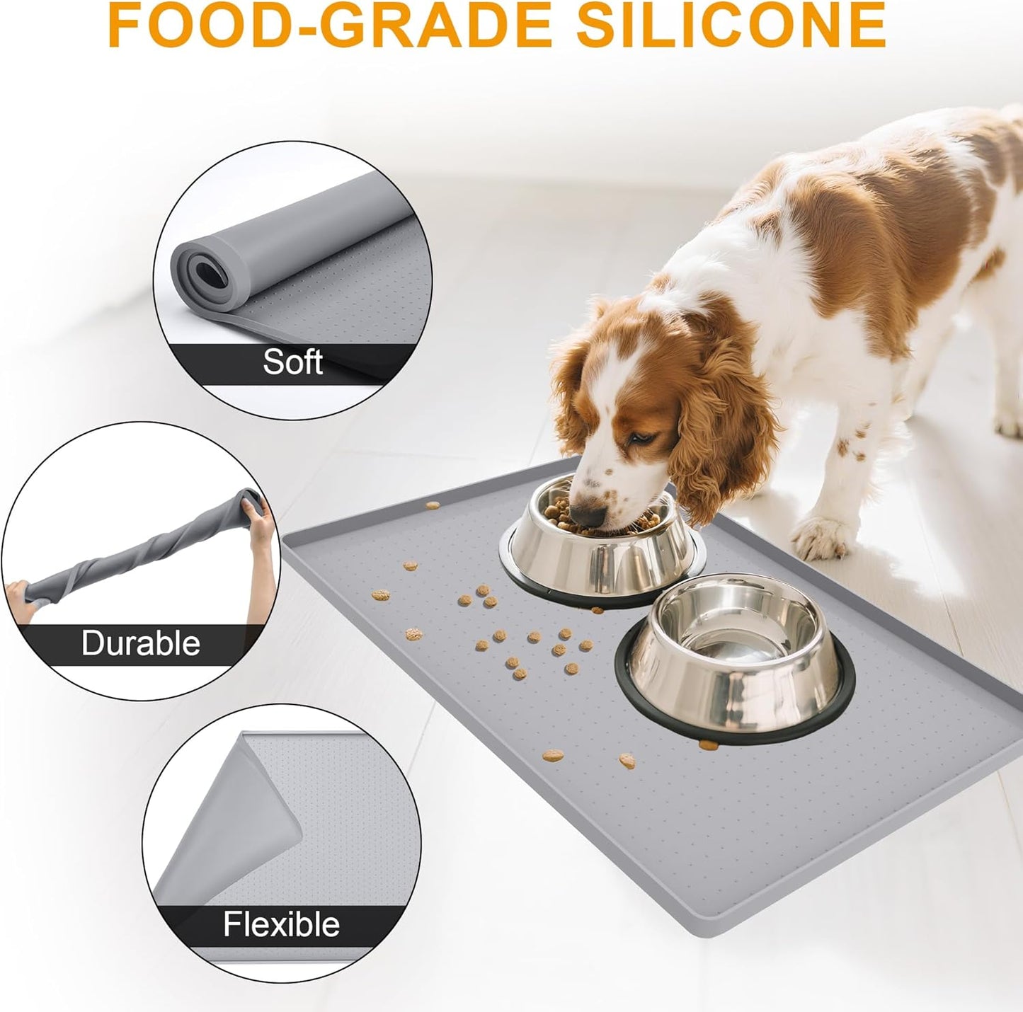 Pet Food Mat Waterproof Dog Mat 24”X16” Large – 0.5” Inch Raised Edge,Pet Silicone Feeding Placemat Water Bowl Tray for Floors, Nonslip Washable Dog Mat for Food and Water