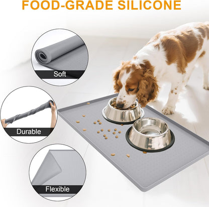 Pet Food Mat Waterproof Dog Mat 24”X16” Large – 0.5” Inch Raised Edge,Pet Silicone Feeding Placemat Water Bowl Tray for Floors, Nonslip Washable Dog Mat for Food and Water