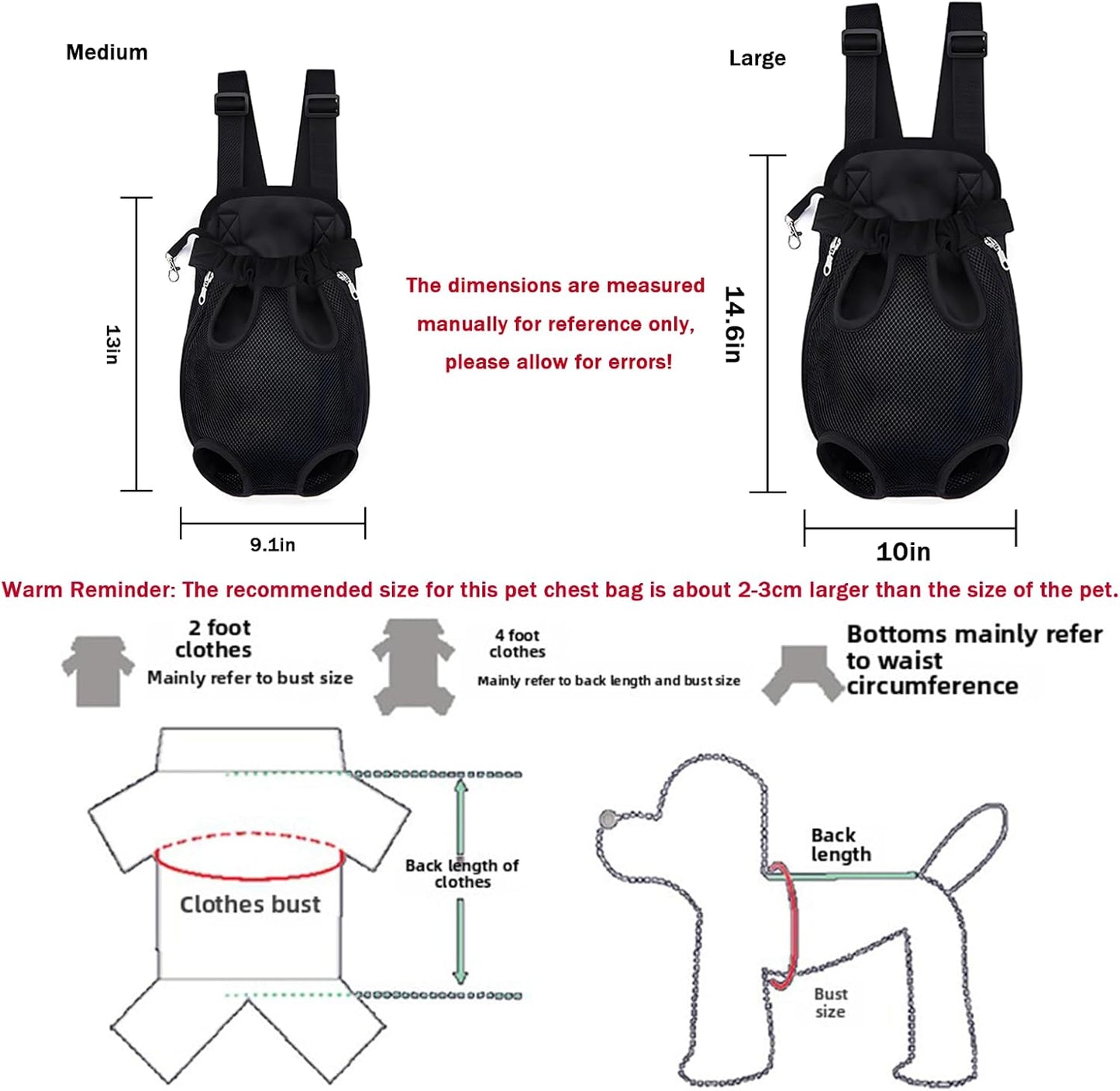 Pet Carrier Backpack, Adjustable Pet Front Carriers for Small Medium Dogs Cats 5-18 Lbs, Legs Out, Dog Cat Carrier Backpack for Hiking,Camping,Traveling,Cycling (Black, Medium（Fit:5-10Lb）)