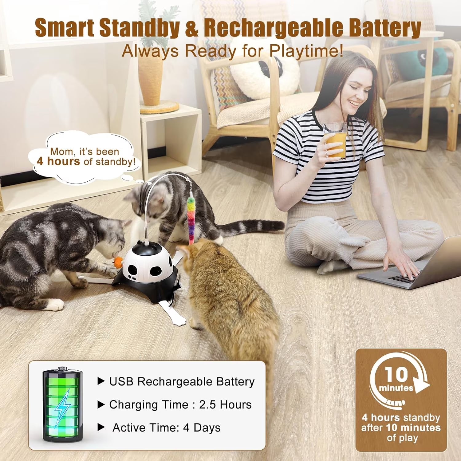 VOCOO Interactive Cat Toys for Indoor Cats, Motion Activate Automatic Cat Toys, 3-In-1 Hunt,Hide and Seek Game, USB Charging (Black)