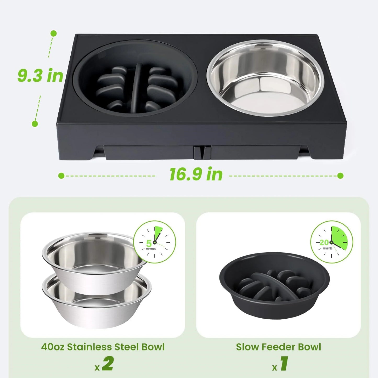 Elevated Dog Bowls - 5 Adjustable Heights Stand, 2 Stainless Steel Bowls & 1 Slow Feeder, 3.2" to 12.2" for Small to Large Dogs, Black