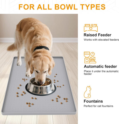 Pet Food Mat Waterproof Dog Mat 24”X16” Large – 0.5” Inch Raised Edge,Pet Silicone Feeding Placemat Water Bowl Tray for Floors, Nonslip Washable Dog Mat for Food and Water