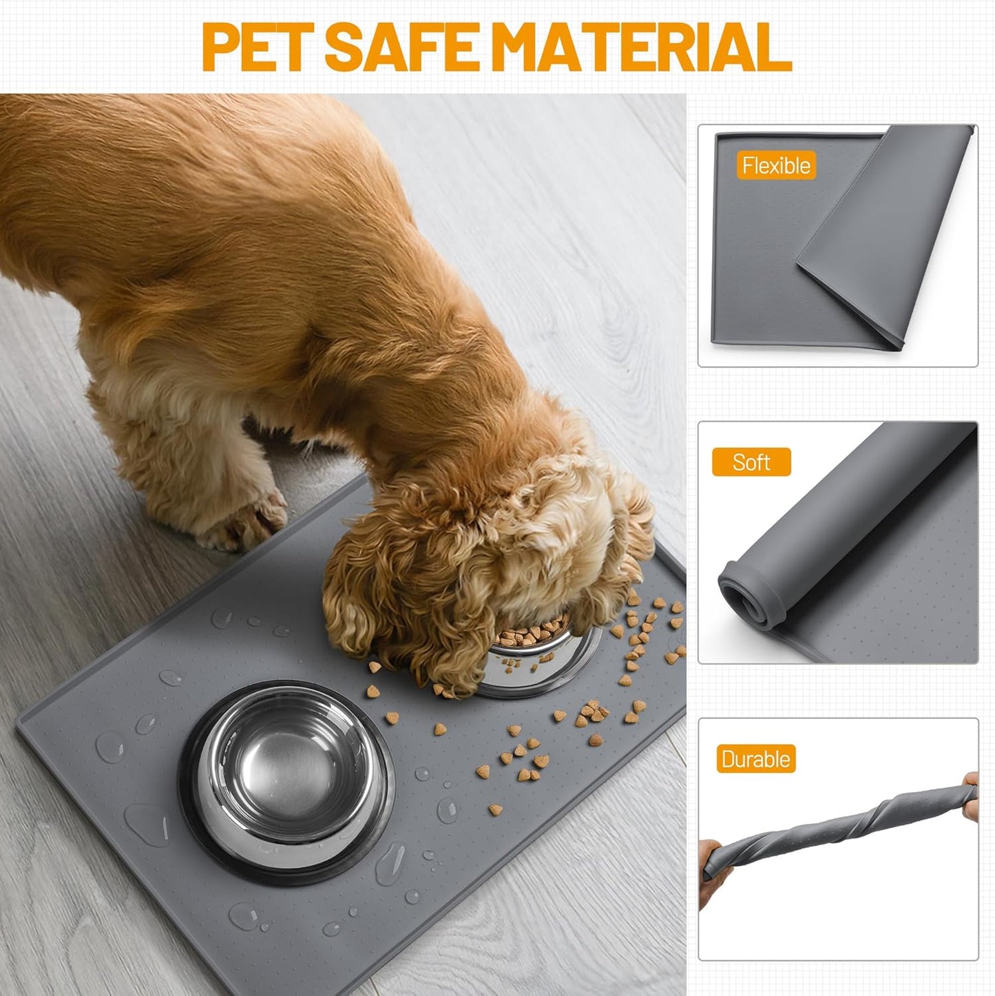 Dog Feeding Mat,100% Waterproof BPA Free Silicone Pet Food and Water Bowl Placemat,Dishwasher, High Raised Edge to Prevent Spills,Nonslip Tray to Stop Messes on Floor (19"X12"X0.5", Grey)